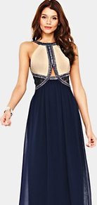 Embellished Maxi Dress, Cream - sleeve style: sleeveless; style: maxi dress; bust detail: added detail/embellishment at bust; secondary colour: white; predominant colour: navy; occasions: evening, occasion; length: floor length; fit: fitted at waist & bust; fibres: polyester/polyamide - 100%; neckline: crew; waist detail: cut out detail; sleeve length: sleeveless; texture group: sheer fabrics/chiffon/organza etc.; pattern type: fabric; pattern size: standard; pattern: colourblock; embellishment: crystals