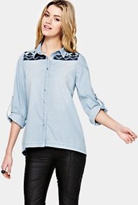 Denim Shirt - neckline: shirt collar/peter pan/zip with opening; length: below the bottom; style: shirt; shoulder detail: contrast pattern/fabric at shoulder; predominant colour: pale blue; occasions: casual; fibres: cotton - 100%; fit: loose; sleeve length: long sleeve; sleeve style: standard; texture group: denim; pattern type: fabric; pattern size: small & light; pattern: patterned/print; embellishment: embroidered