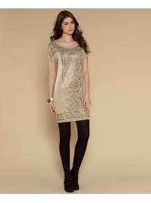 Seville Sequin Tunic Dress - style: tunic; length: mid thigh; sleeve style: capped; shoulder detail: contrast pattern/fabric at shoulder; predominant colour: gold; occasions: evening, occasion; fit: body skimming; neckline: scoop; fibres: cotton - 100%; bust detail: contrast pattern/fabric/detail at bust; sleeve length: short sleeve; texture group: knits/crochet; pattern type: knitted - other; pattern size: standard; pattern: patterned/print; embellishment: sequins