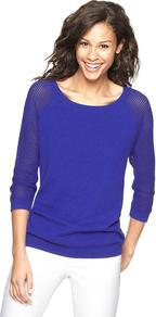 Mesh Sleeve Sweater - neckline: slash/boat neckline; sleeve style: raglan; pattern: plain; style: standard; predominant colour: royal blue; occasions: casual, work; length: standard; fibres: cotton - 100%; fit: standard fit; sleeve length: 3/4 length; texture group: knits/crochet; pattern type: knitted - fine stitch