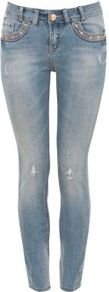 34in Light Blue Stud Pocket And Rip Skinny Jeans - style: skinny leg; pattern: plain; waist: low rise; pocket detail: traditional 5 pocket; predominant colour: pale blue; occasions: casual; length: ankle length; fibres: cotton - stretch; jeans detail: whiskering, washed/faded; texture group: denim; pattern type: fabric; pattern size: standard; embellishment: studs