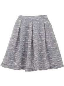 Blue Boucle Skater Skirt - length: mid thigh; pattern: plain; fit: loose/voluminous; waist: high rise; predominant colour: denim; occasions: casual; style: a-line; fibres: polyester/polyamide - 100%; hip detail: sculpting darts/pleats/seams at hip; pattern type: fabric; pattern size: standard; texture group: tweed - light/midweight