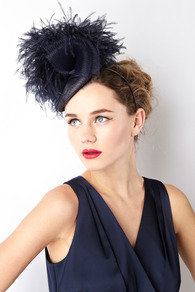 Ostrich Pom Hat - predominant colour: navy; occasions: occasion; type of pattern: standard; style: fascinator; size: standard; material: sinamay; embellishment: feather; pattern: plain