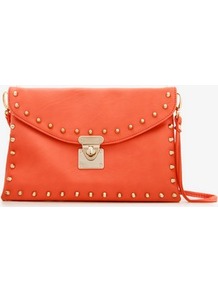Bolt Studded Envelope Clutch - predominant colour: bright orange; occasions: casual, evening, occasion; type of pattern: standard; style: clutch; length: hand carry; size: standard; material: faux leather; embellishment: studs; pattern: plain; finish: plain