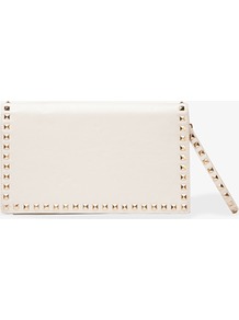 Studded Clutch W/ Wristlet Strap - predominant colour: ivory; occasions: evening, occasion; type of pattern: standard; style: clutch; length: hand carry; size: standard; material: faux leather; embellishment: studs; pattern: plain; finish: plain