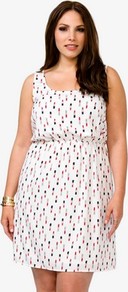 Lipstick Graphic Print Dress - style: shift; fit: fitted at waist; sleeve style: sleeveless; waist detail: elasticated waist; back detail: low cut/open back; predominant colour: ivory; occasions: casual, evening; length: just above the knee; neckline: scoop; fibres: polyester/polyamide - 100%; sleeve length: sleeveless; pattern type: fabric; pattern size: small & busy; pattern: patterned/print; texture group: other - light to midweight