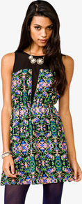 Floral Print Semi Sheer Dress - style: shift; length: mid thigh; neckline: round neck; fit: fitted at waist; sleeve style: sleeveless; bust detail: sheer at bust; waist detail: elasticated waist; shoulder detail: contrast pattern/fabric at shoulder; occasions: casual, evening; fibres: polyester/polyamide - 100%; back detail: sheer fabric at back; predominant colour: multicoloured; sleeve length: sleeveless; trends: statement prints; pattern type: fabric; pattern size: standard; pattern: florals; texture group: other - light to midweight