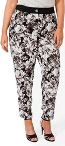 Rose Pattern Trousers - style: peg leg; waist: high rise; predominant colour: black; occasions: casual, evening, work, occasion, holiday; length: ankle length; fibres: polyester/polyamide - 100%; hip detail: fitted at hip (bottoms); texture group: silky - light; trends: high impact florals; fit: tapered; pattern type: fabric; pattern size: standard; pattern: florals
