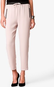 Crepe Joggers W/ Faux Leather Trim - pattern: plain; style: tracksuit pants; waist detail: belted waist/tie at waist/drawstring; waist: mid/regular rise; predominant colour: nude; occasions: casual, evening, work, holiday; length: ankle length; fibres: polyester/polyamide - 100%; trends: sporty redux; fit: straight leg; pattern type: fabric; pattern size: standard; texture group: other - light to midweight
