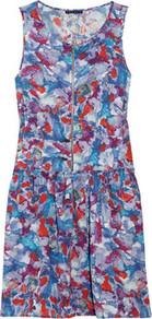 Printed Stretch Silk Blend Dress - style: shift; length: mid thigh; neckline: round neck; sleeve style: sleeveless; bust detail: added detail/embellishment at bust; waist detail: drop waist; predominant colour: royal blue; occasions: casual, evening, work, holiday; fit: fitted at waist & bust; fibres: silk - mix; sleeve length: sleeveless; texture group: silky - light; trends: high impact florals; pattern type: fabric; pattern size: big & busy; pattern: florals