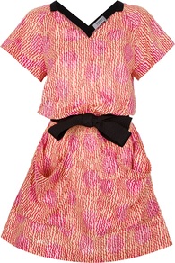 Short Sleeved Dress - style: shift; length: mid thigh; neckline: v-neck; fit: fitted at waist; hip detail: front pockets at hip; waist detail: belted waist/tie at waist/drawstring; bust detail: ruching/gathering/draping/layers/pintuck pleats at bust; predominant colour: hot pink; occasions: casual, evening, work, occasion, holiday; fibres: cotton - 100%; sleeve length: short sleeve; sleeve style: standard; texture group: cotton feel fabrics; trends: glamorous day shifts, fluorescent, modern geometrics; pattern type: fabric; pattern size: standard; pattern: patterned/print
