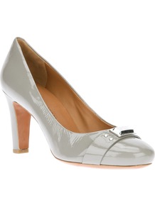 Brand Embellished Pump - predominant colour: mid grey; occasions: casual, work; material: leather; heel height: high; heel: block; toe: round toe; style: courts; finish: patent; pattern: plain