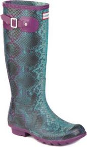 Carnaby Snake Print Wellies - predominant colour: purple; occasions: casual; material: plastic/rubber; heel height: flat; heel: standard; toe: round toe; boot length: knee; style: wellies; finish: patent; pattern: animal print