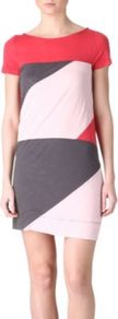 Tanya Dress - style: t-shirt; length: mid thigh; neckline: slash/boat neckline; secondary colour: blush; predominant colour: charcoal; occasions: casual, work; fit: body skimming; sleeve length: short sleeve; sleeve style: standard; pattern type: fabric; pattern size: big & busy; pattern: patterned/print; texture group: jersey - stretchy/drapey; fibres: viscose/rayon - mix