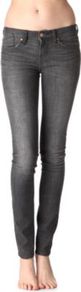 Lou Skinny Mid Rise Jeans - style: skinny leg; length: standard; pattern: plain; pocket detail: traditional 5 pocket; waist: mid/regular rise; predominant colour: charcoal; occasions: casual; fibres: cotton - stretch; jeans detail: shading down centre of thigh; texture group: denim; pattern type: fabric