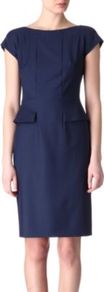 Dinaro Peplum Dress - style: shift; sleeve style: capped; fit: tailored/fitted; pattern: plain; waist detail: fitted waist; predominant colour: navy; occasions: evening, work; length: just above the knee; fibres: wool - mix; neckline: crew; sleeve length: short sleeve; trends: glamorous day shifts; pattern type: fabric; texture group: woven light midweight