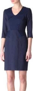 Pique Shift Dress - style: shift; neckline: v-neck; fit: tailored/fitted; pattern: plain; waist detail: fitted waist; predominant colour: navy; occasions: evening, work; length: just above the knee; fibres: wool - mix; sleeve length: 3/4 length; sleeve style: standard; trends: glamorous day shifts; pattern type: fabric; texture group: woven bulky/heavy