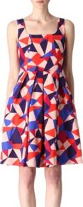 Taboo Printed Dress - sleeve style: sleeveless; bust detail: ruching/gathering/draping/layers/pintuck pleats at bust; occasions: evening, work, occasion, holiday; length: just above the knee; fit: fitted at waist & bust; style: fit & flare; fibres: silk - mix; hip detail: structured pleats at hip; predominant colour: multicoloured; sleeve length: sleeveless; texture group: cotton feel fabrics; trends: glamorous day shifts, volume, modern geometrics; neckline: low square neck; pattern type: fabric; pattern size: small & busy; pattern: patterned/print