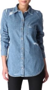 Eden Destructed Denim Shirt - neckline: shirt collar/peter pan/zip with opening; pattern: plain; length: below the bottom; style: shirt; predominant colour: denim; occasions: casual; fibres: cotton - 100%; fit: straight cut; sleeve length: long sleeve; sleeve style: standard; texture group: denim; pattern type: fabric