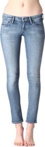 Racer Skinny Low Rise Jeans - style: skinny leg; pattern: plain; waist: low rise; pocket detail: traditional 5 pocket; predominant colour: denim; occasions: casual; length: ankle length; fibres: cotton - stretch; jeans detail: whiskering, washed/faded; texture group: denim; pattern type: fabric