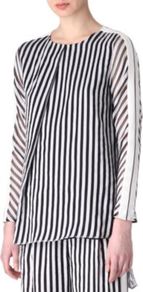 Latte Striped Top - pattern: pinstripe; bust detail: ruching/gathering/draping/layers/pintuck pleats at bust; secondary colour: white; predominant colour: black; occasions: work, occasion; length: standard; style: top; fibres: silk - mix; fit: body skimming; neckline: crew; back detail: longer hem at back than at front; sleeve length: long sleeve; sleeve style: standard; texture group: crepes; trends: striking stripes; pattern type: fabric; pattern size: small & busy