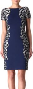 Queen Shift Dress - style: shift; fit: tailored/fitted; length: ankle length; waist detail: fitted waist; back detail: low cut/open back; predominant colour: royal blue; secondary colour: silver; occasions: evening, work, occasion; fibres: polyester/polyamide - stretch; neckline: crew; hip detail: contrast fabric/print detail at hip; bust detail: contrast pattern/fabric/detail at bust; sleeve length: short sleeve; sleeve style: standard; trends: glamorous day shifts, metallics, modern geometrics; pattern type: fabric; pattern size: small & busy; pattern: patterned/print; texture group: brocade/jacquard