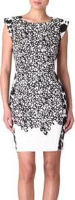 Printed Dress - style: shift; neckline: round neck; sleeve style: capped; fit: tailored/fitted; waist detail: fitted waist; hip detail: fitted at hip; predominant colour: black; occasions: casual, evening, occasion; length: just above the knee; fibres: cotton - mix; sleeve length: sleeveless; pattern type: fabric; pattern size: small & busy; pattern: patterned/print; texture group: jersey - stretchy/drapey