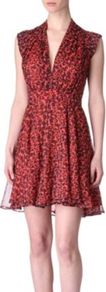 Feline Wonder Dress - style: empire line; length: mid thigh; neckline: low v-neck; sleeve style: capped; fit: empire; waist detail: wide waistband/cummerbund; bust detail: ruching/gathering/draping/layers/pintuck pleats at bust; predominant colour: true red; secondary colour: black; occasions: evening, occasion, holiday; fibres: polyester/polyamide - 100%; hip detail: soft pleats at hip/draping at hip/flared at hip; shoulder detail: flat/draping pleats/ruching/gathering at shoulder; sleeve length: short sleeve; texture group: sheer fabrics/chiffon/organza etc.; trends: statement prints; pattern type: fabric; pattern size: small & busy; pattern: animal print