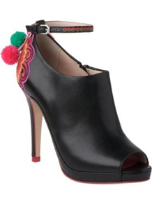 Orchid Leather Shoe Boots - predominant colour: black; occasions: evening, work; material: leather; heel height: high; heel: platform; toe: open toe/peeptoe; boot length: shoe boot; style: standard; finish: plain; pattern: plain; embellishment: pompom