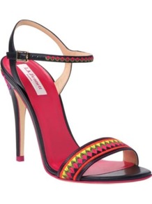 Cassia Leather Sandals - predominant colour: black; occasions: evening, occasion, holiday; material: leather; heel height: high; embellishment: embroidered; ankle detail: ankle strap; heel: stiletto; toe: open toe/peeptoe; style: strappy; trends: fluorescent; finish: patent; pattern: patterned/print