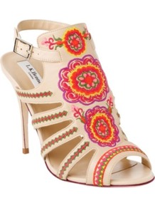 Tacca Leather Cage Sandals - predominant colour: ivory; occasions: evening, occasion, holiday; material: leather; heel height: high; embellishment: embroidered; ankle detail: ankle strap; heel: stiletto; toe: open toe/peeptoe; style: strappy; trends: high impact florals, fluorescent; finish: fluorescent; pattern: patterned/print