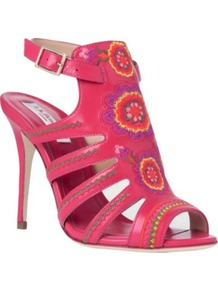 Tacca Leather Cage Sandals - predominant colour: hot pink; occasions: evening, occasion, holiday; material: leather; heel height: high; embellishment: embroidered; ankle detail: ankle strap; heel: stiletto; toe: open toe/peeptoe; style: strappy; trends: high impact florals, fluorescent; finish: fluorescent; pattern: patterned/print