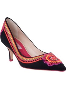 Jasmine Canvas Courts - predominant colour: black; occasions: evening, work, occasion, holiday; material: fabric; heel height: mid; embellishment: embroidered; heel: kitten; toe: pointed toe; style: courts; finish: plain; pattern: patterned/print