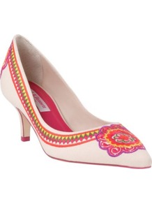 Jasmine Canvas Courts - predominant colour: ivory; occasions: evening, work, occasion, holiday; material: fabric; heel height: mid; embellishment: embroidered; heel: kitten; toe: pointed toe; style: courts; finish: plain; pattern: patterned/print