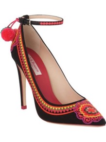 Parrot Canvas Courts - predominant colour: black; occasions: evening, work, occasion; material: fabric; heel height: high; ankle detail: ankle strap; heel: stiletto; toe: pointed toe; style: courts; finish: plain; pattern: patterned/print; embellishment: pompom