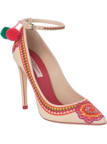 Parrot Canvas Courts - predominant colour: blush; occasions: evening, work, occasion, holiday; material: fabric; heel height: high; ankle detail: ankle strap; heel: stiletto; toe: pointed toe; style: courts; finish: plain; pattern: patterned/print; embellishment: pompom