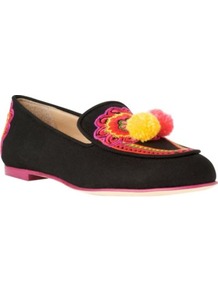 Bamboo Canvas Loafers - predominant colour: black; occasions: casual, evening; material: suede; heel height: flat; toe: round toe; style: loafers; trends: fluorescent; finish: fluorescent; pattern: patterned/print; embellishment: pompom