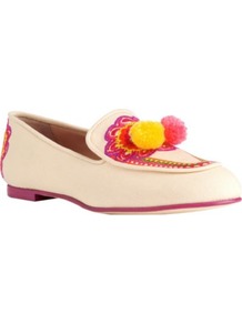 Bamboo Canvas Loafers - secondary colour: hot pink; predominant colour: nude; occasions: casual, work; material: fabric; heel height: flat; toe: round toe; style: loafers; finish: plain; pattern: patterned/print; embellishment: pompom