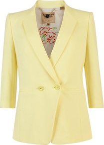 Ted Baker Meeda Double Breasted Blazer - pattern: plain; style: double breasted blazer; collar: standard lapel/rever collar; predominant colour: primrose yellow; occasions: evening, work, occasion; length: standard; fit: tailored/fitted; fibres: polyester/polyamide - stretch; sleeve length: 3/4 length; sleeve style: standard; texture group: crepes; collar break: medium; pattern type: fabric; pattern size: standard