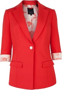 Ted Baker Belios Cropped Sleeves Blazer - pattern: plain; style: single breasted blazer; length: below the bottom; collar: standard lapel/rever collar; predominant colour: true red; occasions: casual, evening, work, occasion; fit: tailored/fitted; fibres: polyester/polyamide - stretch; waist detail: fitted waist; back detail: back vent/flap at back; sleeve length: 3/4 length; sleeve style: standard; collar break: low/open; pattern type: fabric; pattern size: standard; texture group: woven light midweight