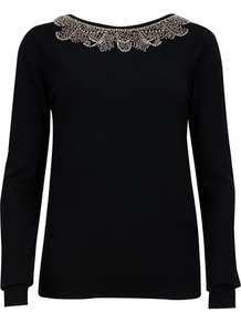 Ted Baker Koto Embellished Jumper - neckline: round neck; bust detail: added detail/embellishment at bust; back detail: cowl/draping/scoop at back; style: standard; shoulder detail: contrast pattern/fabric at shoulder; predominant colour: black; occasions: casual, evening, work, occasion; length: standard; fibres: cotton - mix; fit: slim fit; waist detail: fitted waist; sleeve length: long sleeve; sleeve style: standard; trends: metallics; pattern type: knitted - fine stitch; pattern size: small & light; texture group: jersey - stretchy/drapey; embellishment: beading