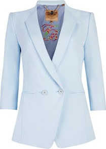 Ted Baker Meeda Double Breasted Blazer - pattern: plain; style: double breasted blazer; length: below the bottom; collar: standard lapel/rever collar; predominant colour: pale blue; occasions: casual, evening, work, occasion; fit: tailored/fitted; fibres: polyester/polyamide - stretch; waist detail: fitted waist; back detail: back vent/flap at back; sleeve length: 3/4 length; sleeve style: standard; collar break: medium; pattern type: fabric; pattern size: standard; texture group: other - light to midweight