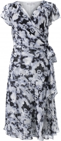 Faye Dress - style: faux wrap/wrap; neckline: v-neck; sleeve style: capped; waist detail: belted waist/tie at waist/drawstring; predominant colour: charcoal; secondary colour: light grey; occasions: evening, work, occasion; length: on the knee; fit: fitted at waist & bust; fibres: silk - 100%; hip detail: soft pleats at hip/draping at hip/flared at hip; sleeve length: short sleeve; texture group: sheer fabrics/chiffon/organza etc.; pattern type: fabric; pattern size: big & busy; pattern: patterned/print
