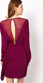 Dress With Open Mesh Back - style: shift; length: mid thigh; neckline: round neck; fit: fitted at waist; pattern: plain; waist detail: elasticated waist; predominant colour: magenta; occasions: casual, evening, occasion; fibres: polyester/polyamide - 100%; back detail: sheer fabric at back; sleeve length: long sleeve; sleeve style: standard; texture group: sheer fabrics/chiffon/organza etc.; hip detail: ruffles/tiers/tie detail at hip; pattern type: fabric; pattern size: standard