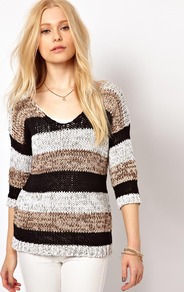 Stripe Tape Jumper - neckline: low v-neck; pattern: horizontal stripes; length: below the bottom; style: standard; predominant colour: mid grey; occasions: casual, work; fibres: cotton - mix; fit: standard fit; sleeve length: 3/4 length; sleeve style: standard; texture group: knits/crochet; pattern type: knitted - other; pattern size: standard