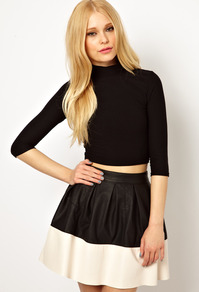 Textured Polo Neck Crop Top - pattern: plain; neckline: high neck; length: cropped; predominant colour: black; occasions: casual, evening, work; style: top; fibres: polyester/polyamide - stretch; fit: tight; sleeve length: 3/4 length; sleeve style: standard; pattern type: fabric; pattern size: standard; texture group: jersey - stretchy/drapey