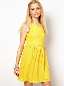 Chelsea Girl Cut Out Skater Dress - length: mid thigh; pattern: plain; sleeve style: sleeveless; waist detail: fitted waist; predominant colour: yellow; occasions: casual, holiday; fit: fitted at waist & bust; style: fit & flare; neckline: peep hole neckline; fibres: nylon - mix; hip detail: soft pleats at hip/draping at hip/flared at hip; sleeve length: sleeveless; pattern type: fabric; texture group: other - light to midweight