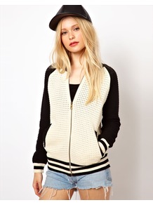 Baseball Jacket - collar: round collar/collarless; shoulder detail: contrast pattern/fabric at shoulder; style: baseball; predominant colour: ivory; occasions: casual; length: standard; fit: straight cut (boxy); fibres: cotton - mix; sleeve length: long sleeve; sleeve style: standard; collar break: low/open; pattern type: fabric; pattern size: standard; texture group: jersey - stretchy/drapey