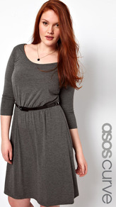 Curve Exclusive Midi Skater Dress With Belt - fit: fitted at waist; pattern: plain; style: blouson; waist detail: belted waist/tie at waist/drawstring; predominant colour: charcoal; occasions: casual, evening, work; length: just above the knee; neckline: scoop; fibres: viscose/rayon - stretch; hip detail: soft pleats at hip/draping at hip/flared at hip; sleeve length: 3/4 length; sleeve style: standard; pattern type: fabric; texture group: jersey - stretchy/drapey
