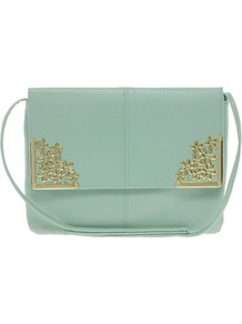 Clutch Bag With Flower Metal Corners - predominant colour: pistachio; occasions: casual, evening, occasion; type of pattern: standard; style: clutch; length: hand carry; size: small; material: faux leather; pattern: plain; finish: plain; embellishment: chain/metal